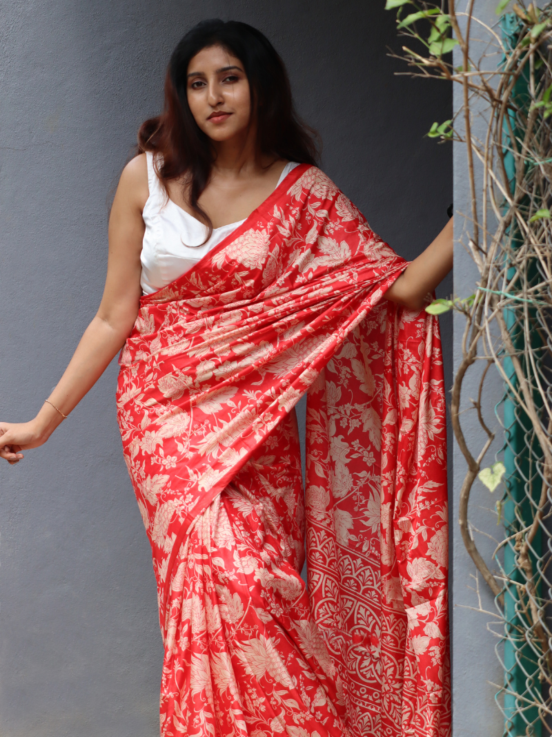 Kashmiri silk saree | Red Sarees | Red Silk Saree | Soft Silk Saree | Silk floral saree | Flower print saree