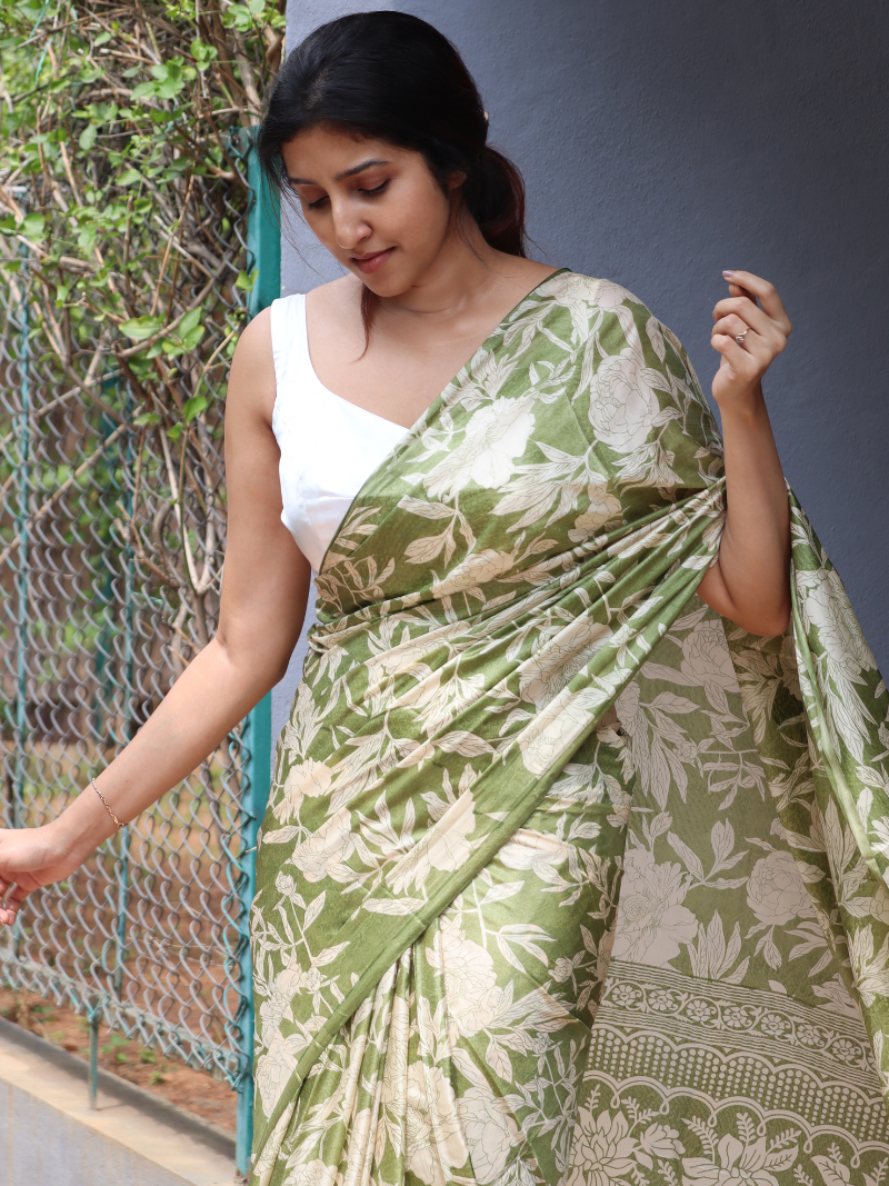 Olive Green Silk Saree | Kashmiri silk saree | Soft silk sarees | Flower print saree