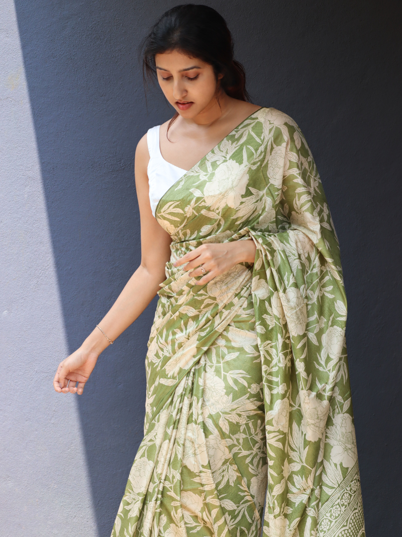 Olive Green Silk Saree | Kashmiri silk saree | Soft silk sarees | Flower print saree