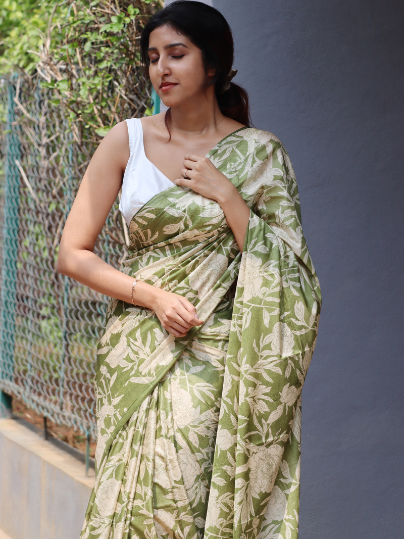 Olive Green Silk Saree | Kashmiri silk saree | Soft silk sarees | Flower print saree