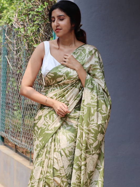 Olive Green Silk Saree | Kashmiri silk saree | Soft silk sarees | Flower print saree