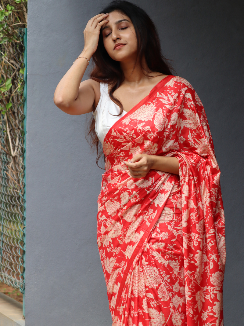 Kashmiri silk saree | Red Sarees | Red Silk Saree | Soft Silk Saree | Silk floral saree | Flower print saree