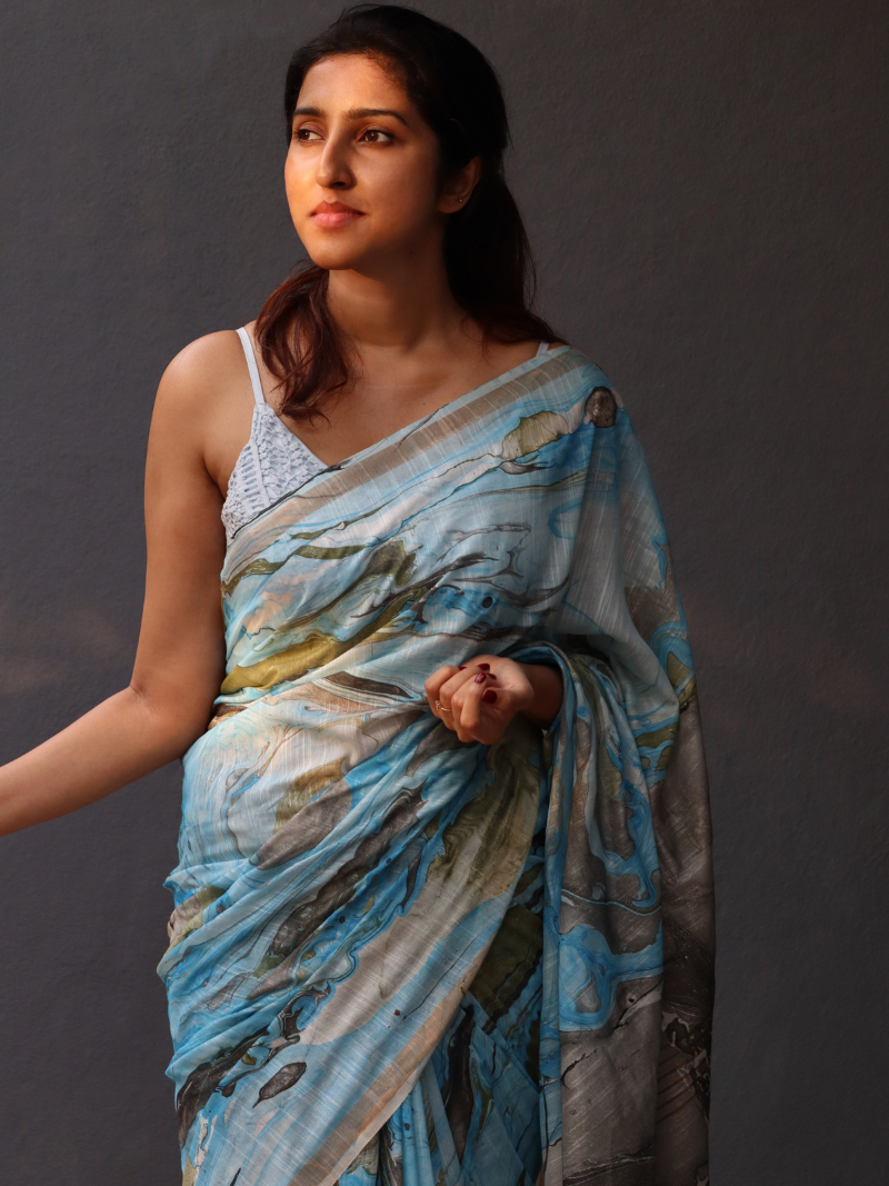 Maheshwari Silk Saree | Silk and Cotton Saree | Blue color Saree | Pure Silk Saree | Soft Silk Sarees | Marble print saree