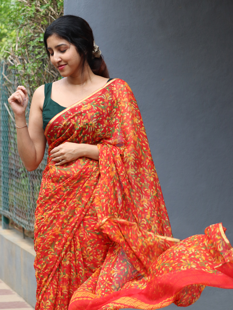 Chiffon floral print saree | Floral print pure chiffon saree | Chiffon saree | Pure chiffon floral print sarees | Handloom saree