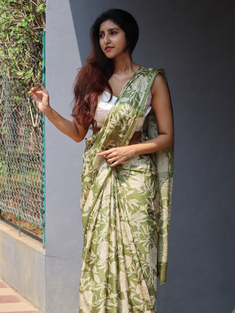 Olive Green Silk Saree | Kashmiri silk saree | Soft silk sarees | Flower print saree