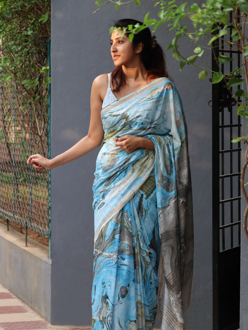 Maheshwari Silk Saree | Silk and Cotton Saree | Blue color Saree | Pure Silk Saree | Soft Silk Sarees | Marble print saree