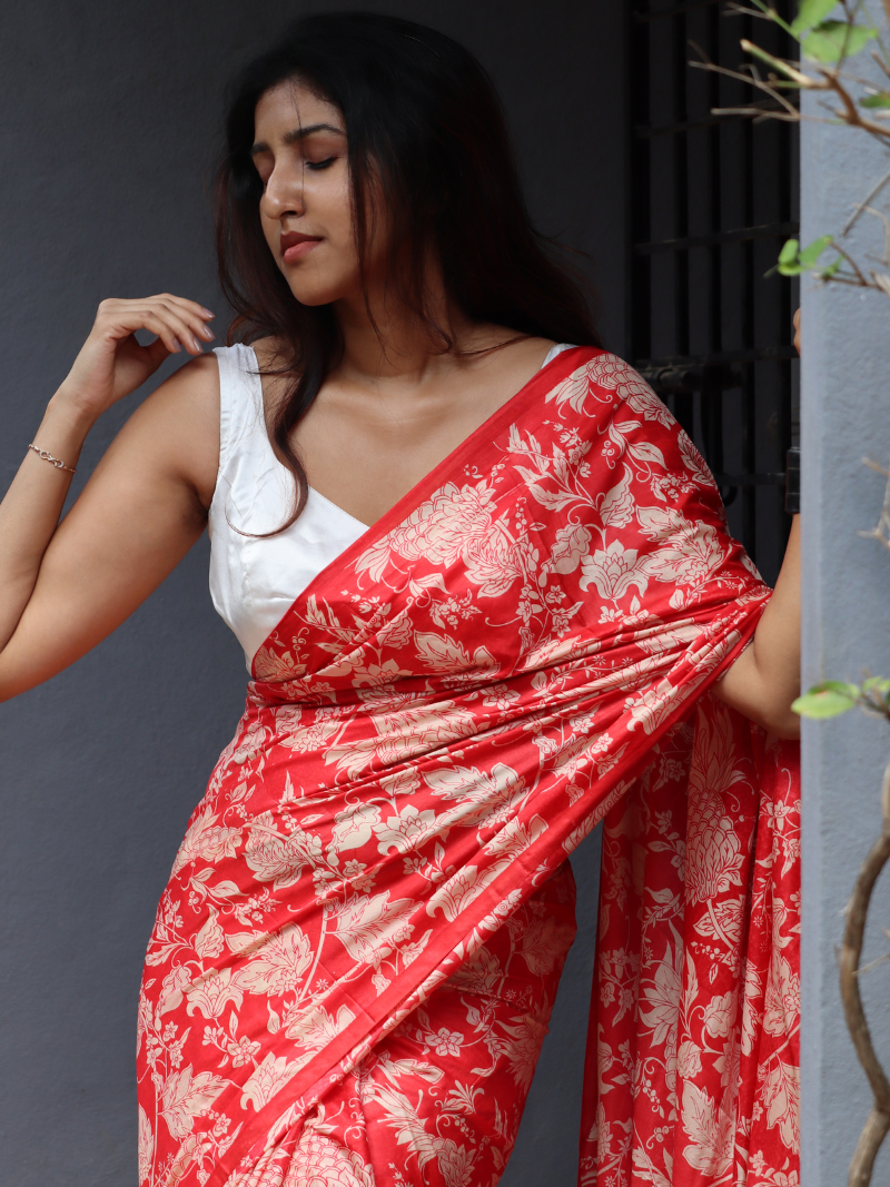 Kashmiri silk saree | Red Sarees | Red Silk Saree | Soft Silk Saree | Silk floral saree | Flower print saree