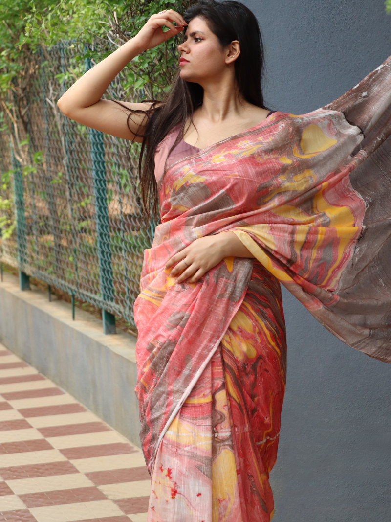 Maheshwari saree | Peach color saree | Marble print saree | Handloom saree | Soft silk saree